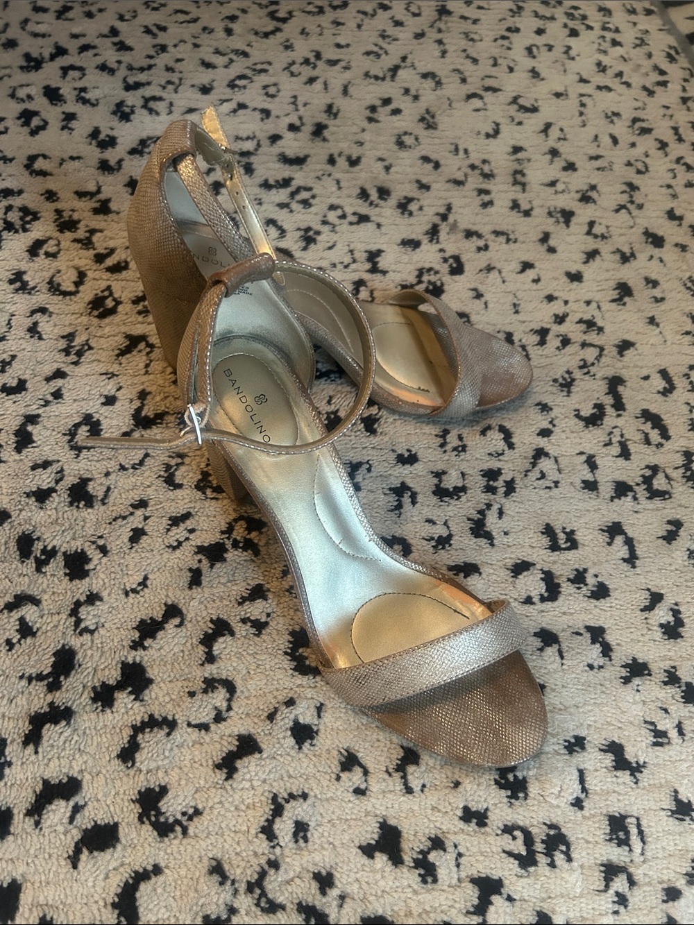 Bandolino Metallic Taupe Open-Toe Ankle-Strap Block Heels